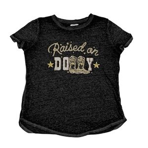 Raised on Dolly Dark Gray Black Burnout Shirt Gold Font Boots Size M